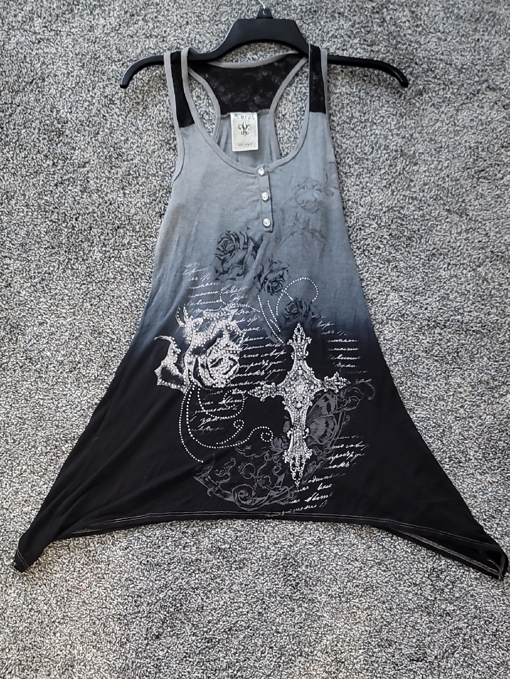 Women's Ombre Black to Gray Racerback Tank with Cross & Rose Graphic